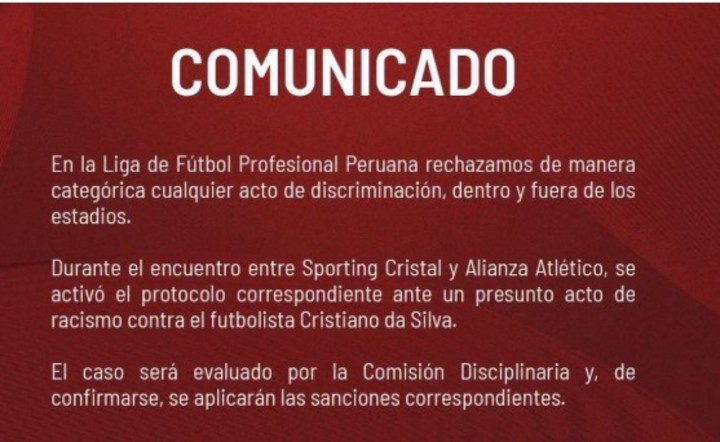 El comunicado de la liga peruana.