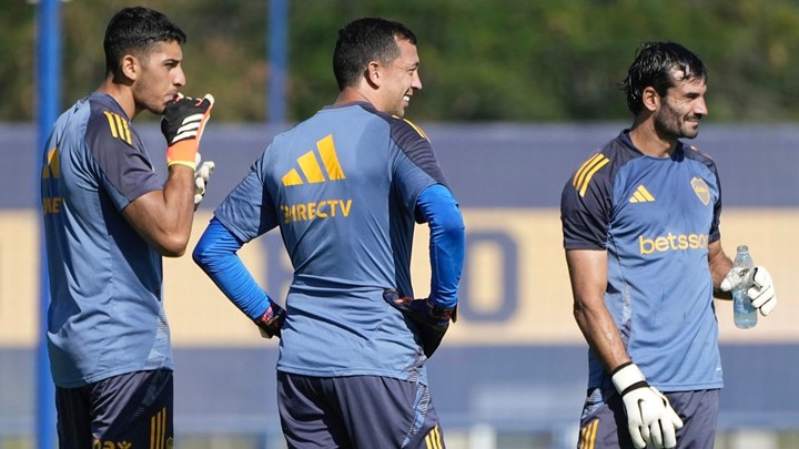 El trío de arqueros de Boca en este 2026: Brey, Marchesin y Javi García (Prensa Boca).