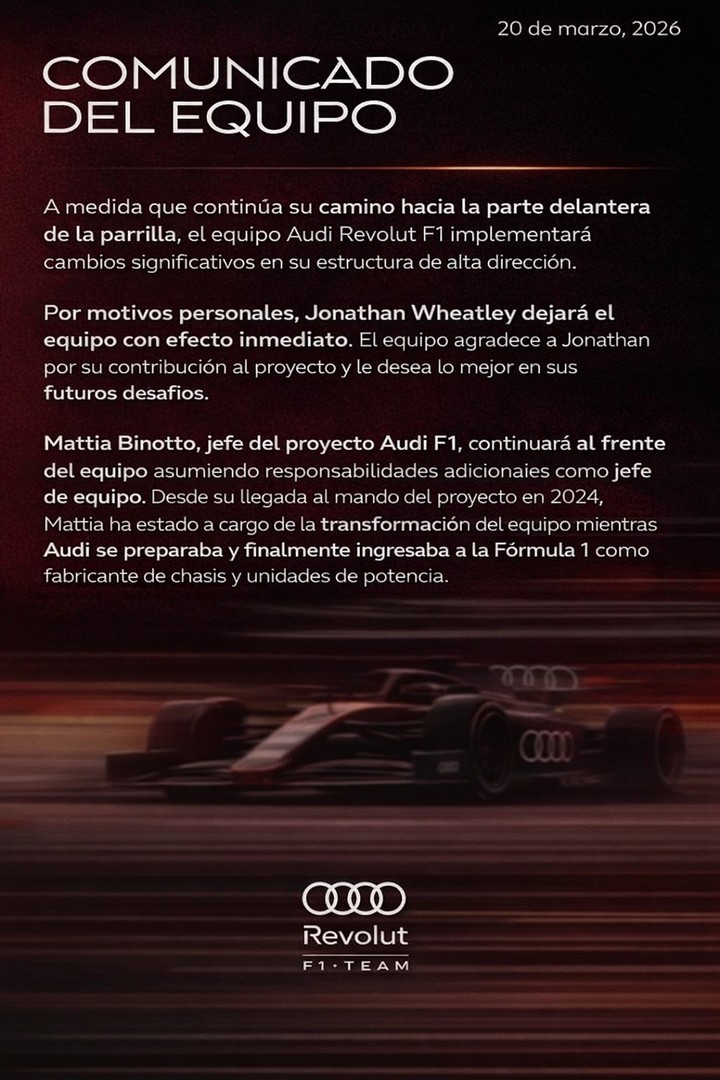 El comunicado oficial de Audi tras la salida de Jonathan Wheatley como director del equipo. (@audif1 en IG).