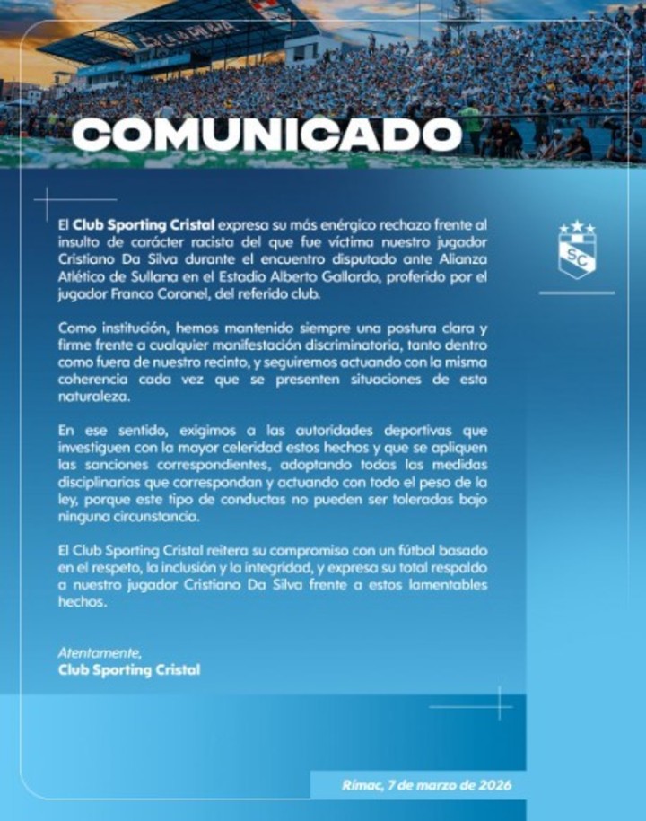 El comunicado de Sporting Cristal.