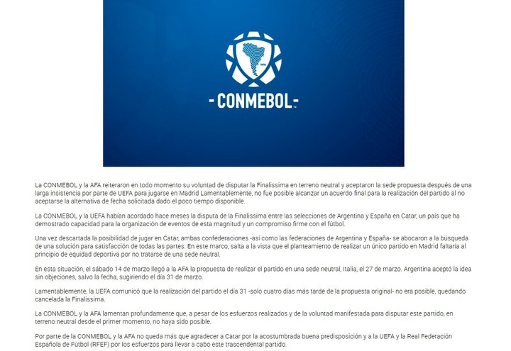 El comunicado de la Conmebol tras la cancelación de la Finalissima.