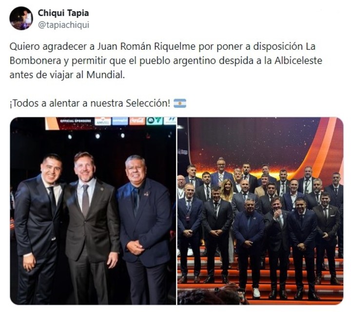 Así le agradecía Tapia a Riquelme. Claudio Chiqui Tapia Juan Roman Riquelme X twitter bombonera amistoso seleccion