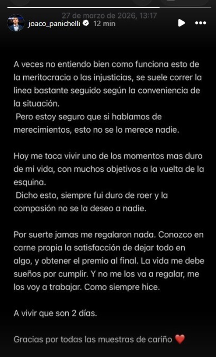 El triste comunicado de Panichelli tras su lesión.