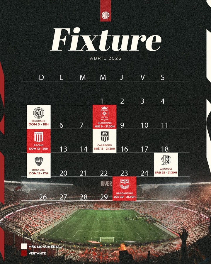 El calendario de River en abril.