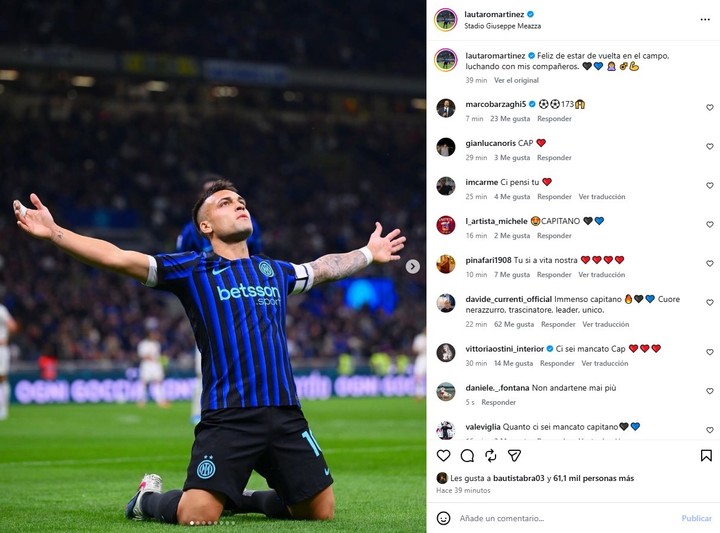El posteo de Lautaro tras el triunfo frente a la Roma (Foto: Instagram).