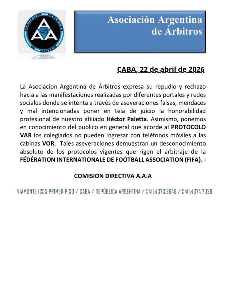 La Asociación Argentina de Árbitros y el comunicado en apoyo a Héctor Paletta.