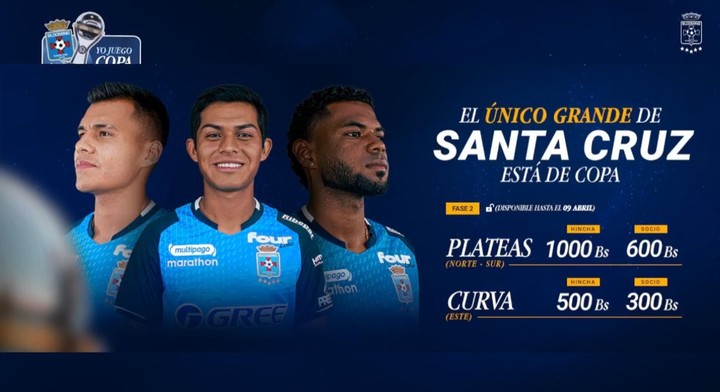 Los precios actuales, puestos tras conocerse que River será rival de Blooming: las plateas a 1000 pesos bolivianos (hinchas) y 600 pesos bolivianos (socios) para los tres partidos de la fase de grupos.