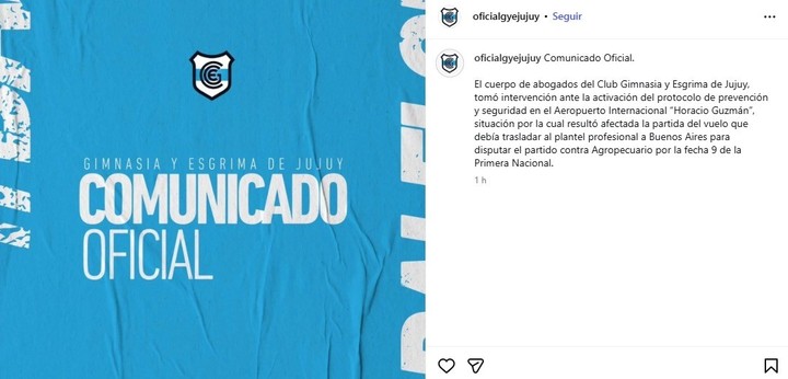 El comunicado de Gimnasia de Jujuy por la amenaza de bomba en el avión.