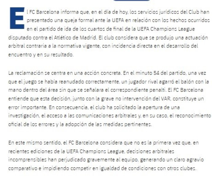 El reclamo del Barcelona tras la derrota ante el Atlético de Madrid.

