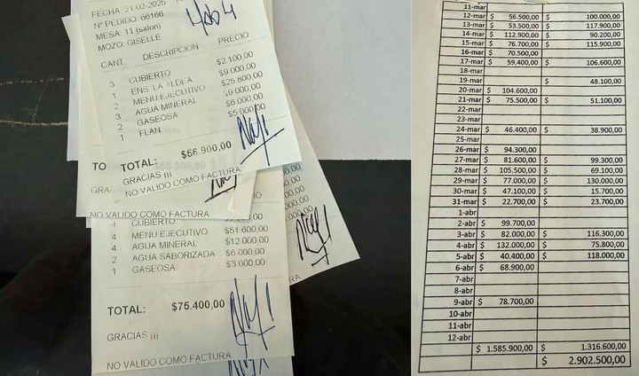 El resumen de gastos y los tickets firmados por Navarro Montoya. (Infobae).