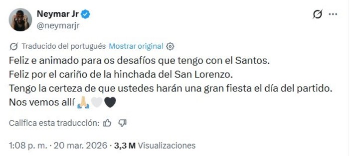 El posteo de Neymar luego de enterarse que enfrentaría a San Lorenzo en la fase de grupos de la Sudamericana.