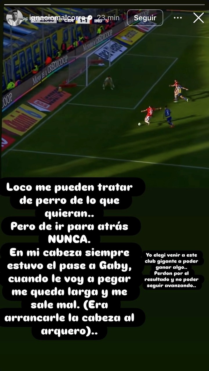 El descargo de Nacho Malcorra tras el gol errado con Independiente.