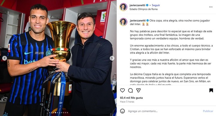 El posteo de Zanetti junto a Lautaro por el Inter campeón (@javierzanetti)