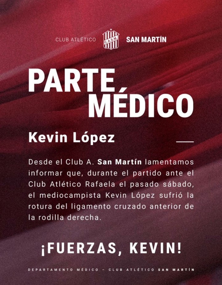 Así confirmó la lesión el club en sus redes sociales..