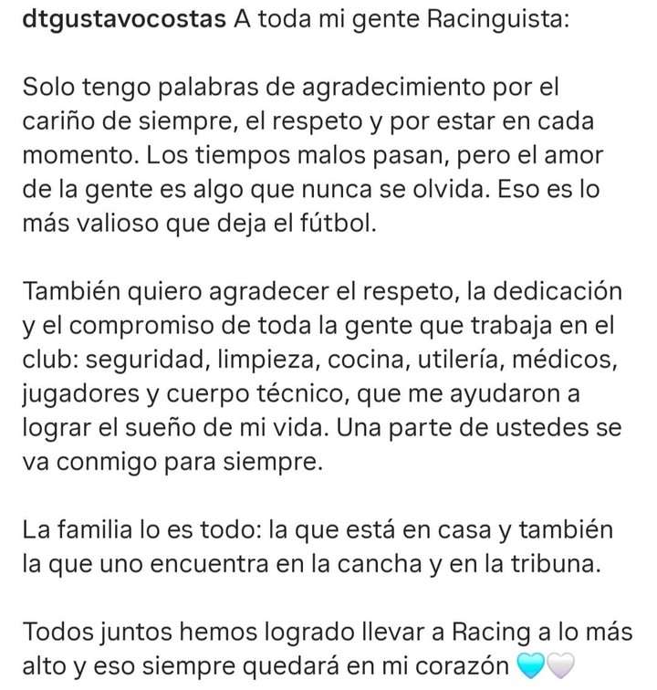 El mensaje de Gustavo Costas.