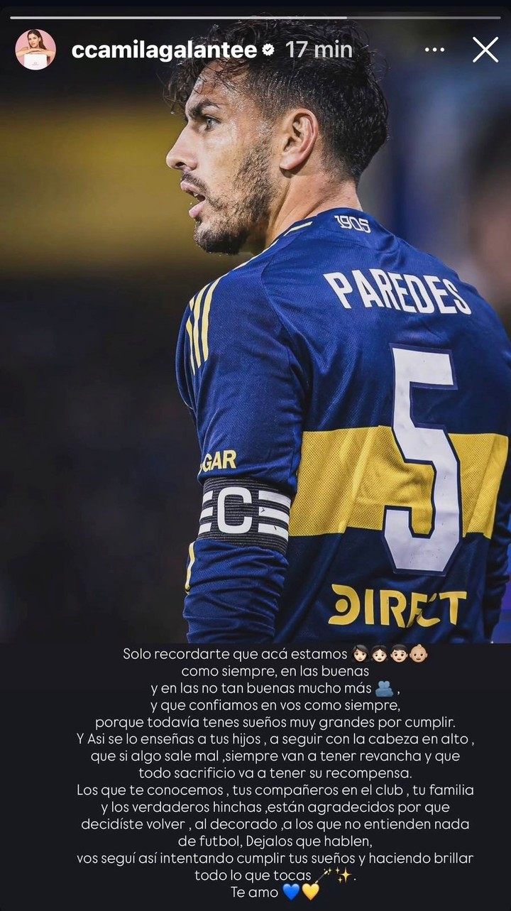 Paredes y un posteo de su mujer, Camila. En defensa de su juego y algo más. (Instagram)