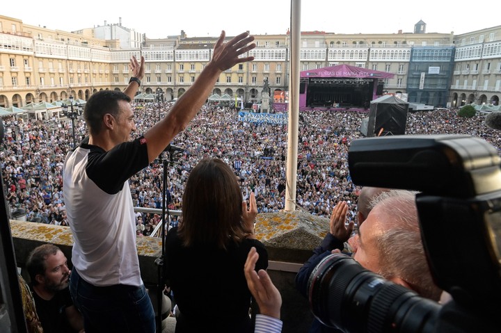 Lionel Scaloni cuando fue homenajeado en La Coruña, en 2023, en el balcón que da a la plaza María Pita.