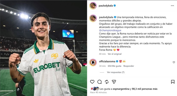 El posteo que Paulo Dybala hizo después de la clasificación de la Roma a la Champions League.