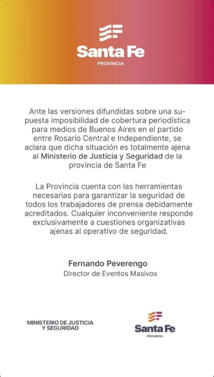 El comunicado del ministerio de seguridad de Santa Fe