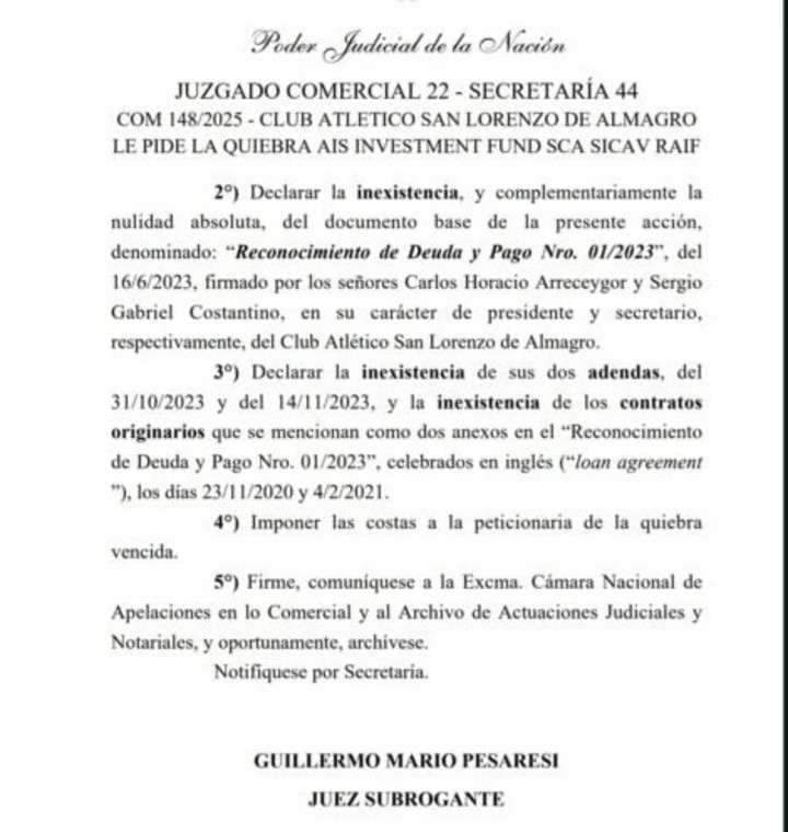 El Fallo de la Justicia a favor de San Lorenzo