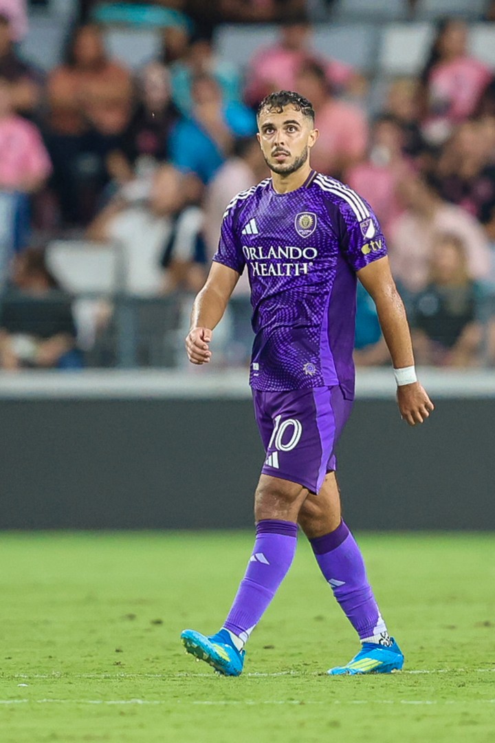 Orlando City midfielder Martín Ojeda (10) looks on after scoring a goal in the second half during an MLS soccer match against the Inter Miami, Saturday, May 2, 2026, in Miami. (AP Photo/Chris Arjoon).