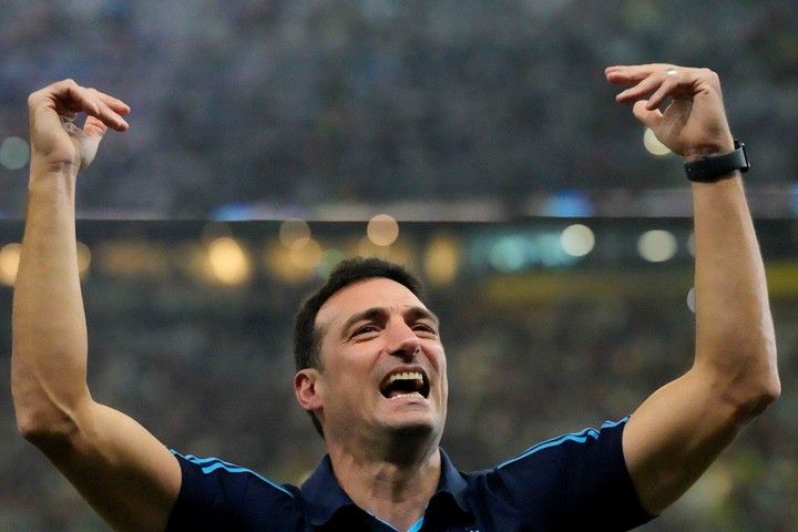 Scaloni festejando en Lusail (AP).