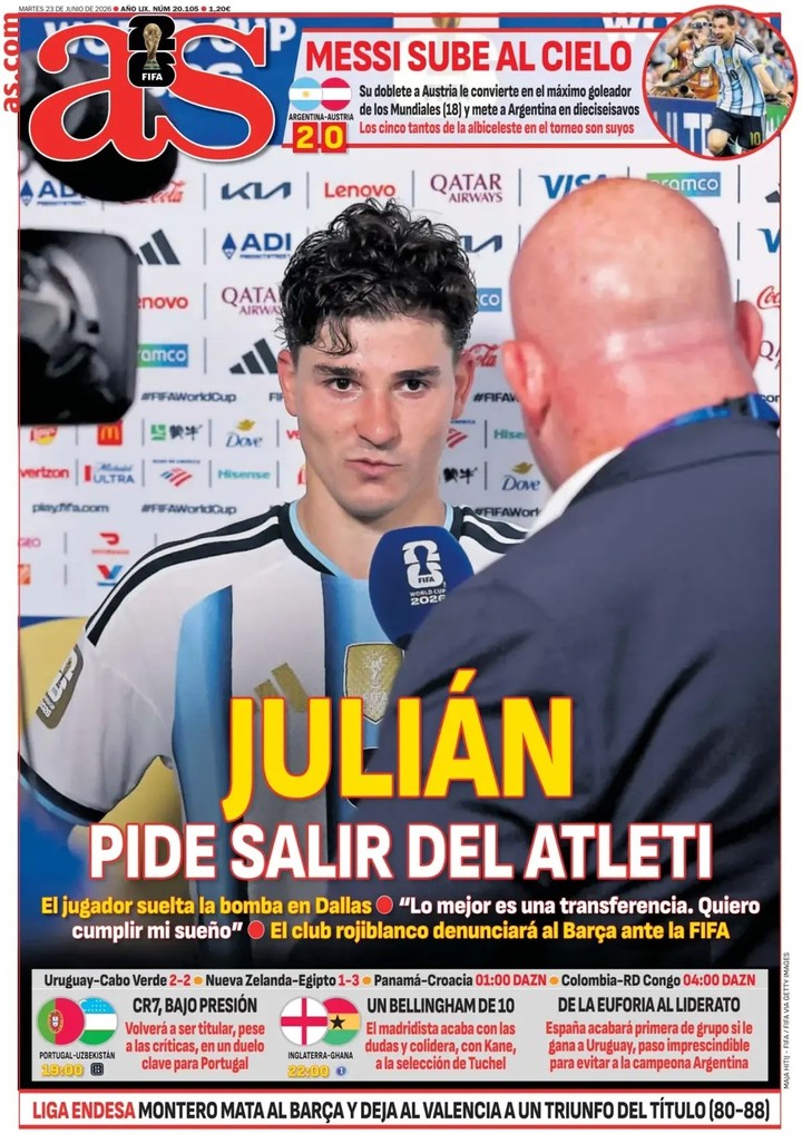 La tapa de As priorizó la sorpresiva frase de Julián Álvarez. Arriba: Messi sube al cielo.