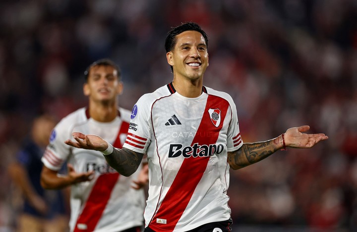 Driussi festejando tras convertirle a Carabobo por la Copa Sudamericana (Reuters).