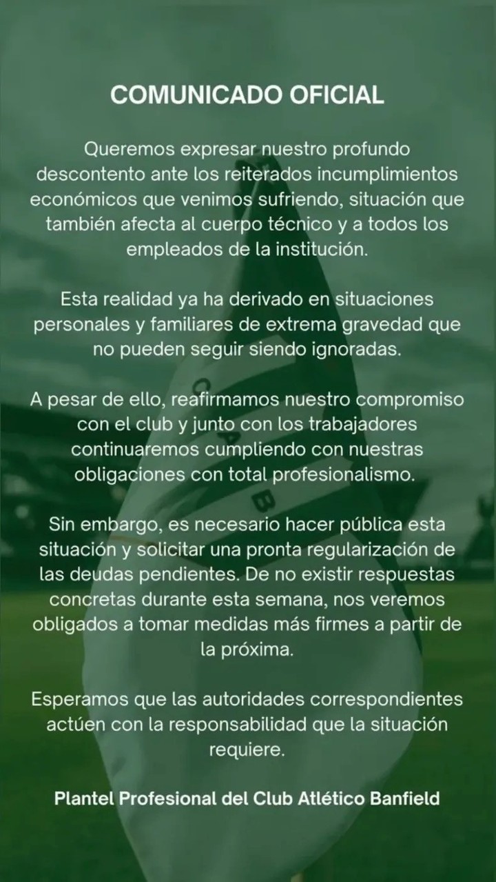 El comunicado de los futbolistas de Banfield.