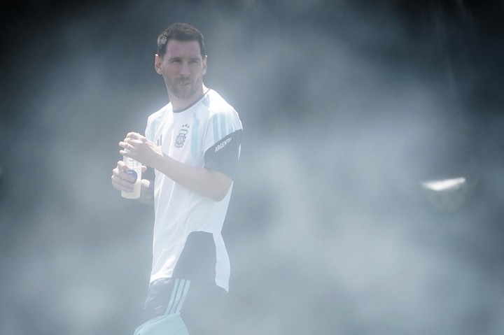 Messi, en el entrenamiento, post triplete. (Juano Tesone)
