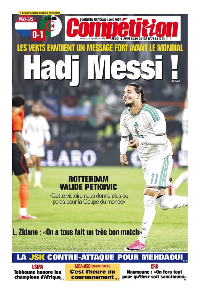 La portada del medio argelino Competition, luego de la victoria 1-0 de Argelia ante Países Bajos el 3/6, con gol de Hadj Moussa.