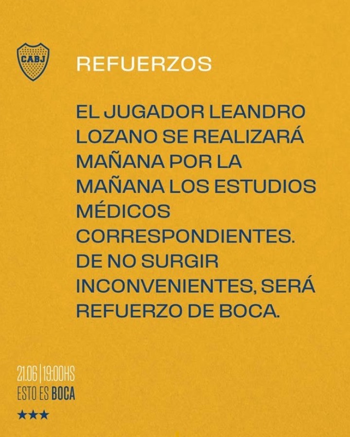 El comunicado de Boca en redes sociales sobre la llegada de Leandro Lozano.