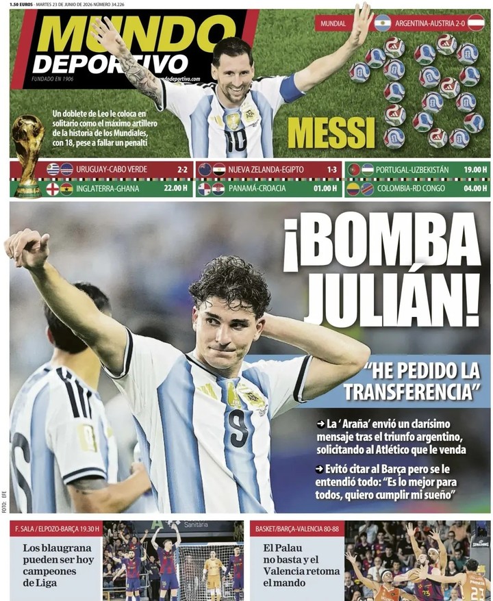 El Mundo Deportivo priorizó la frase de Julián Álvarez, pero también puso a Messi con 18 pelotas.