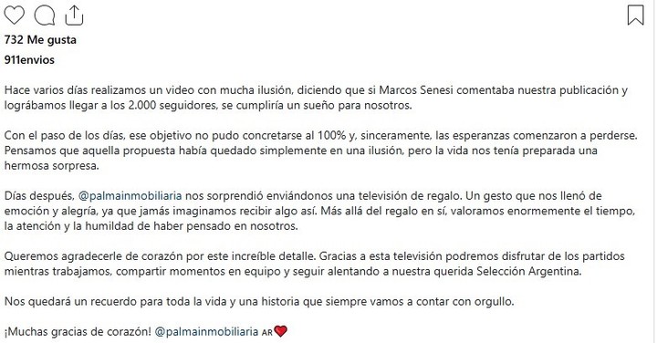 El posteo de los empleados de la mensajería una vez que recibieron el regalo sorpresa de Senesi.