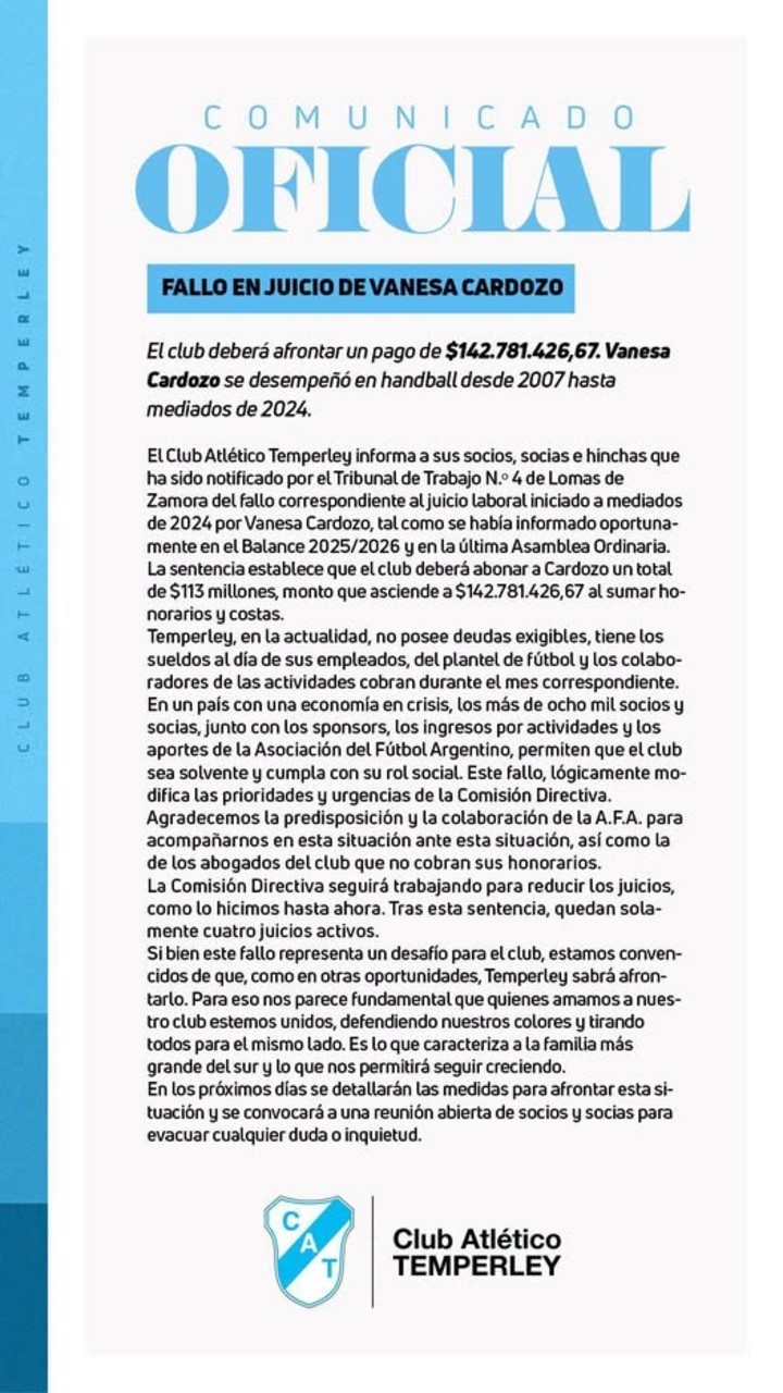 El comunicado de Temperley. (Prensa Temperley)