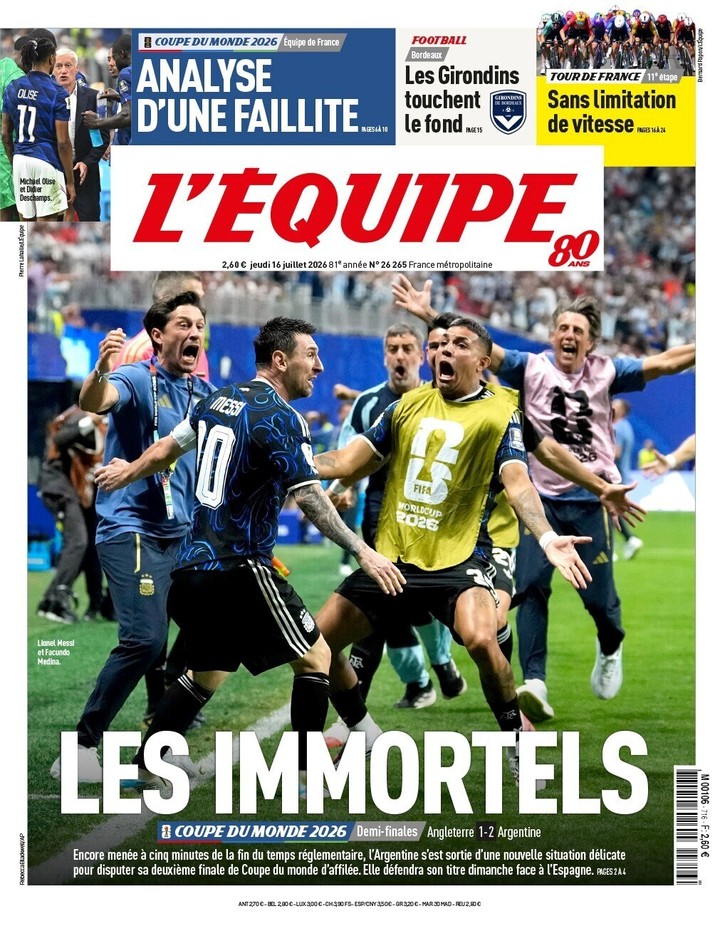 La tapa de L'Equipe luego del triunfazo de la Selección ante Inglaterra.