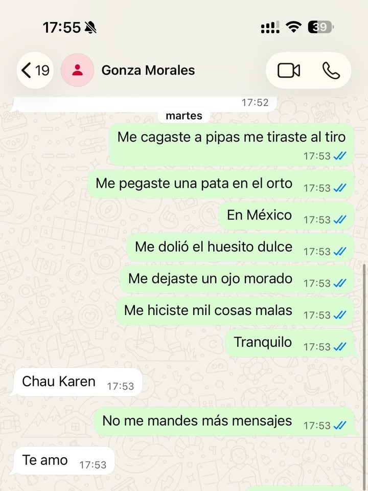 Una captura de WhatsApp que difundió la mujer, de un chat con el jugador.