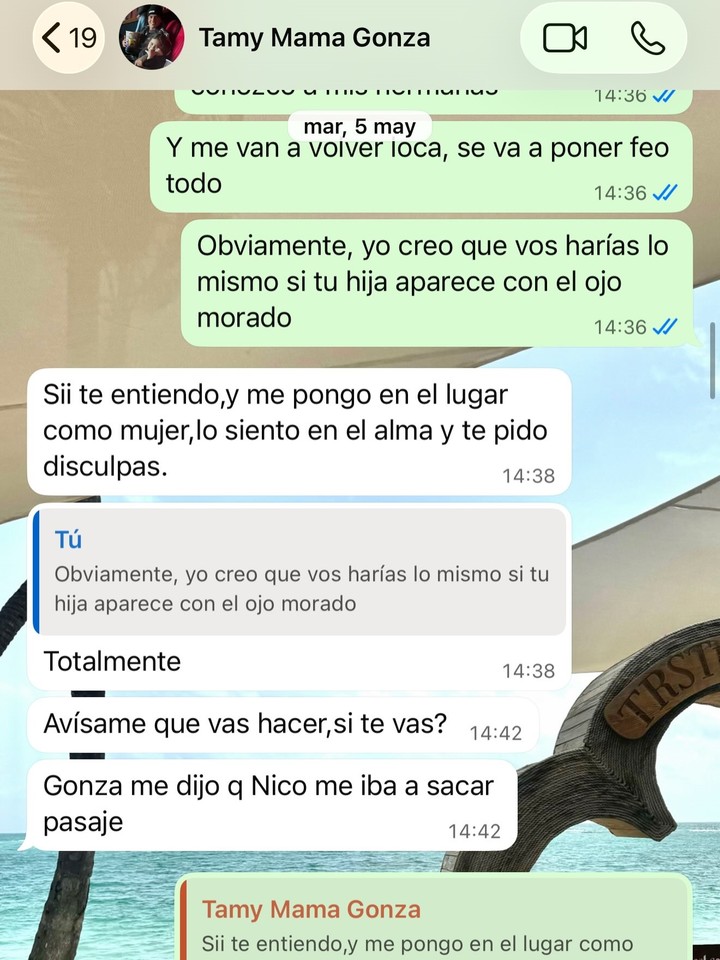 Una captura de WhatsApp que difundió la mujer, de un diálogo con la madre de Morales.