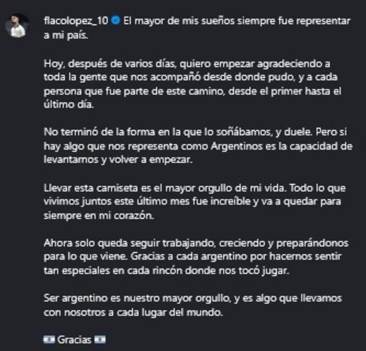 El posteo del Flaco López en Instagram.