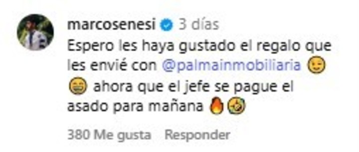 El comentario de Senesi en el Instagram de la mensajería.