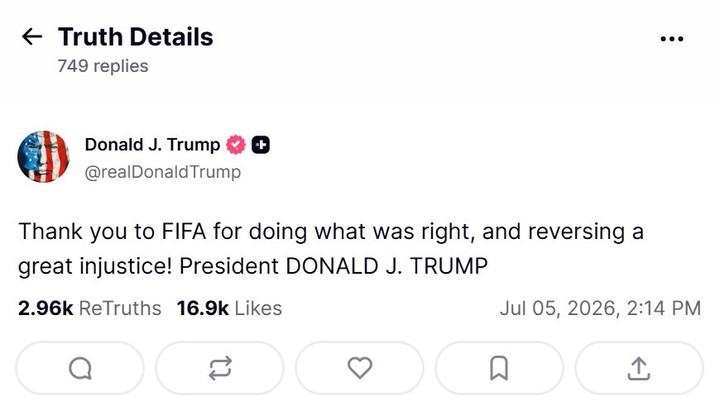 El mensaje de Trump agradeciéndole a la FIFA (Foto: Truth).