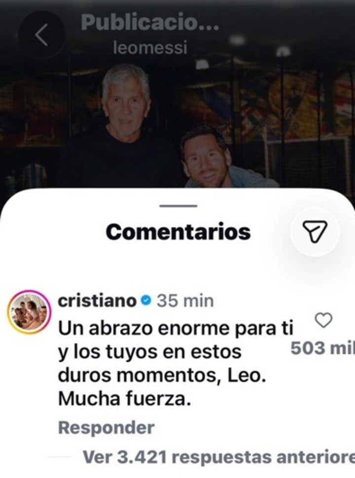 La reacción de Cristiano Ronaldo al posteo de Lionel Messi para despedir a su papá Jorge.