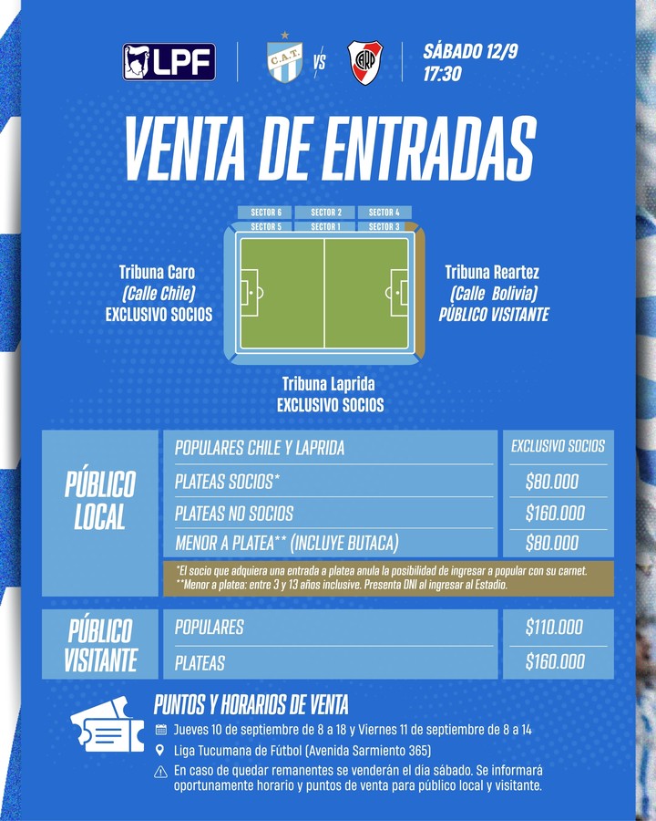 Así será la venta de entradas para Atlético Tucumán-River.