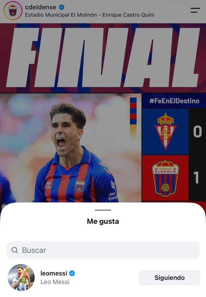 El posteo de Eldense y el me gusta de Messi. (Foto captura Instagram: @cdeldense)