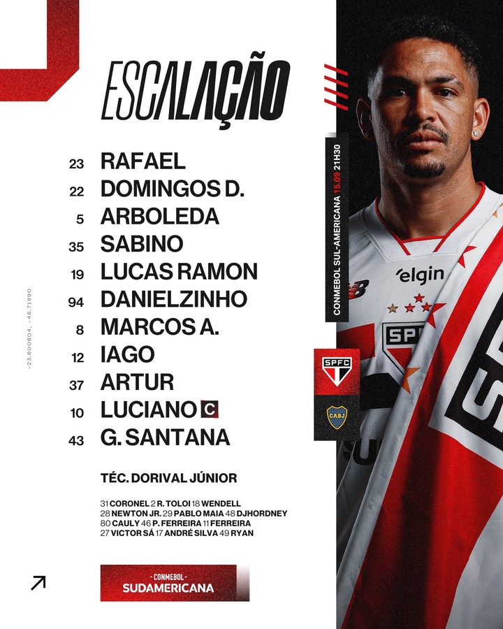 El equipo de San Pablo para enfrentar a Boca.