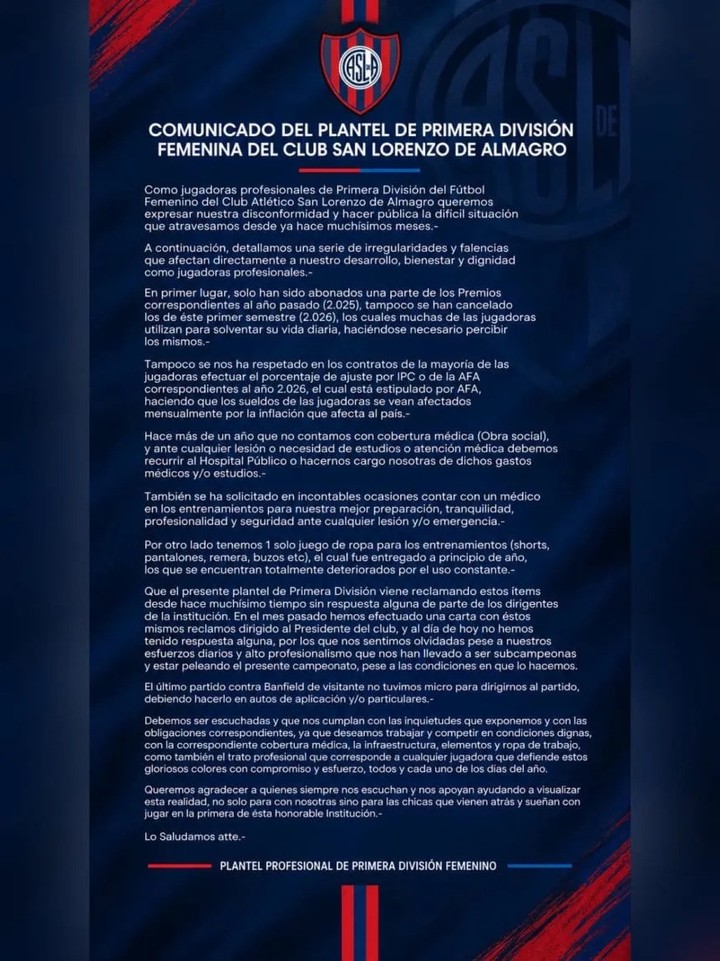 El comunicado que publicaron en redes.