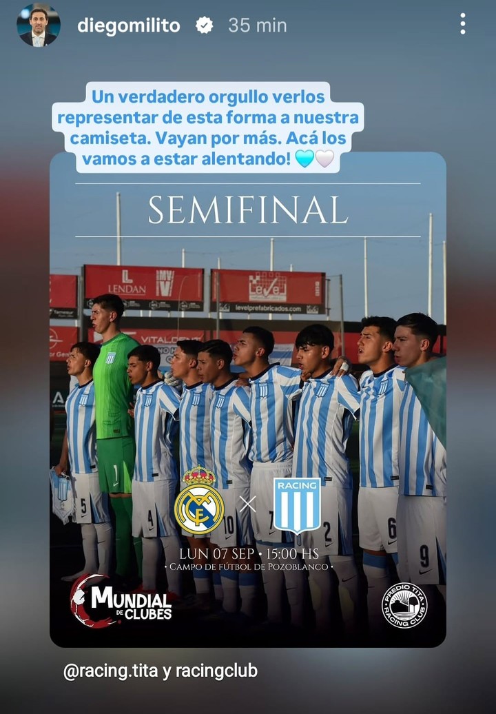 El mensaje de Diego Milito, presidente de Racing.