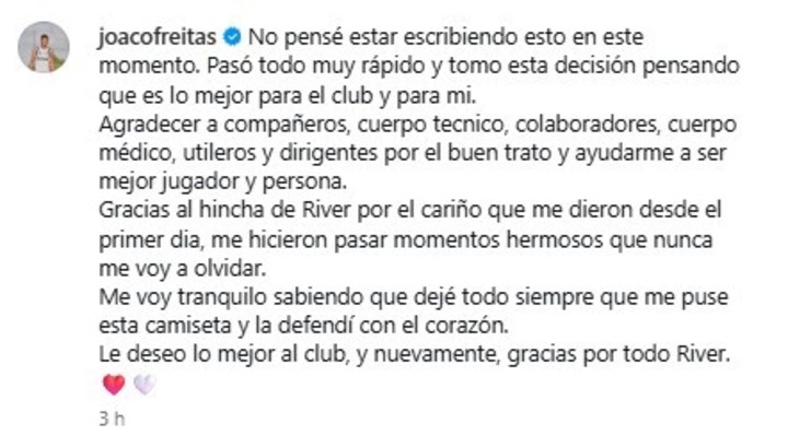 Freitas se despidió de River con una carta en IG.