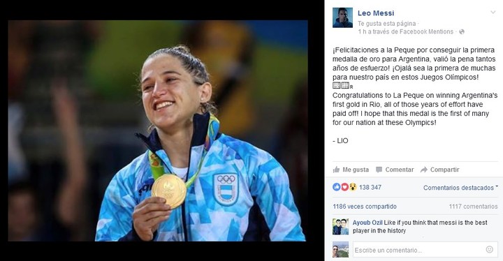 El saludo de Messi para Pareto en su cuenta de Facebook.