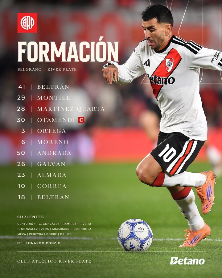 La formación confirmada de River para jugar ante Belgrano.